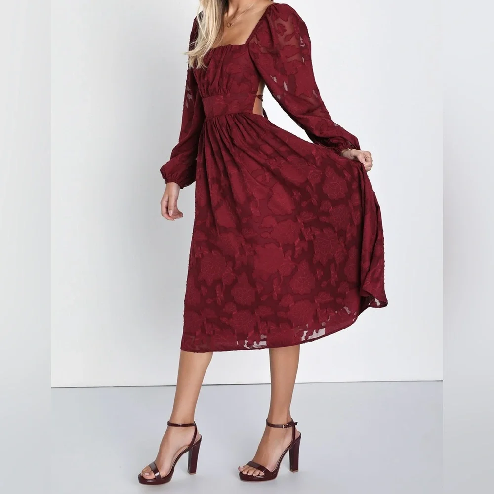 Lulus Burgundy Floral Long Sleeve Lace-Up Back Midi Dress - Picture 1 of 8